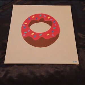 Donut food painting on canvas red brown acrylic hand painted 14 x 14 inches